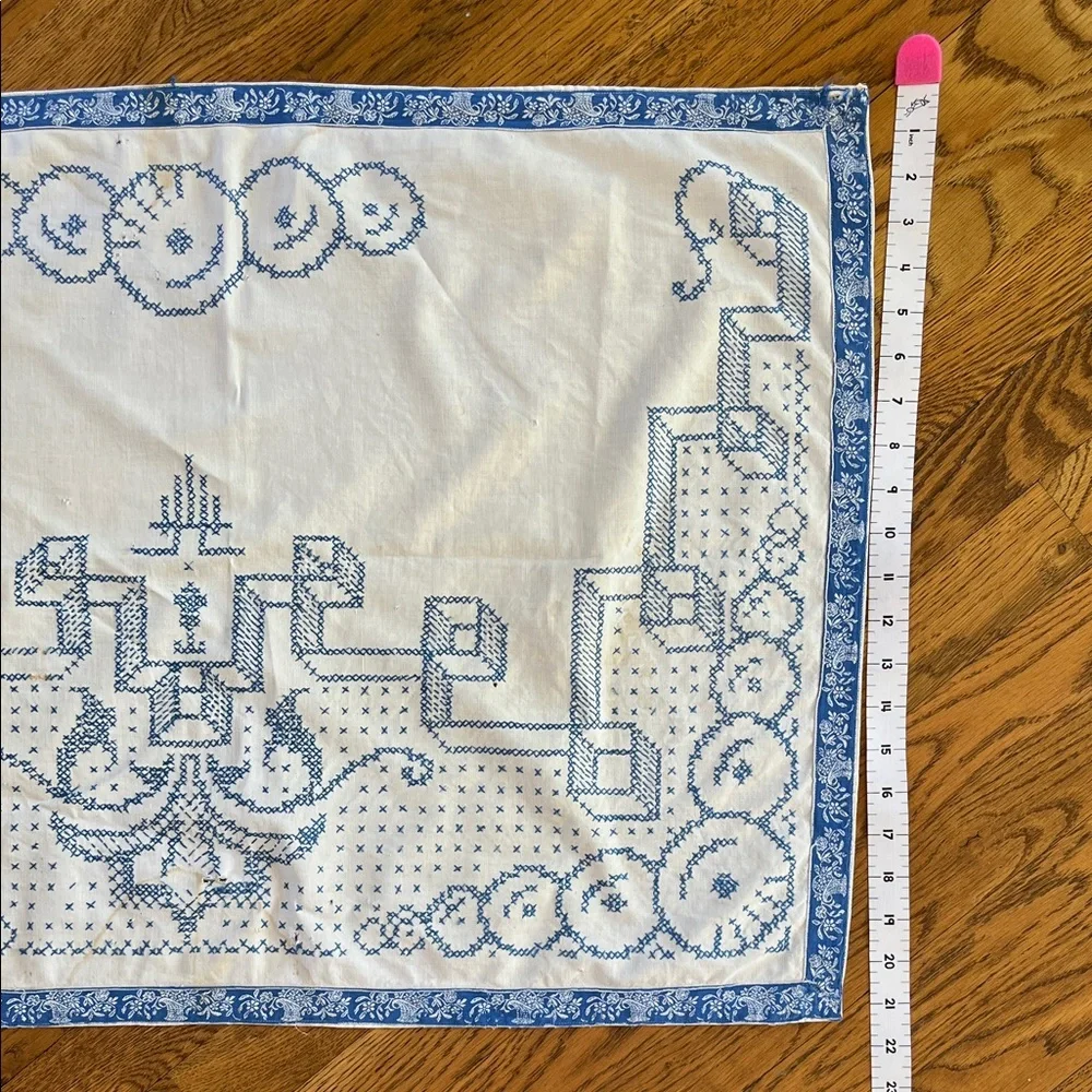 Embroidered Tablecloth Dresser Scarf Blue Cross Stitch Cutter Vintage